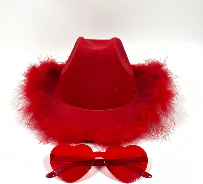 4E's Novelty Red Sparkly Cowboy Hat with Glasses, Cowgirl Party Accessory for Women & Kids