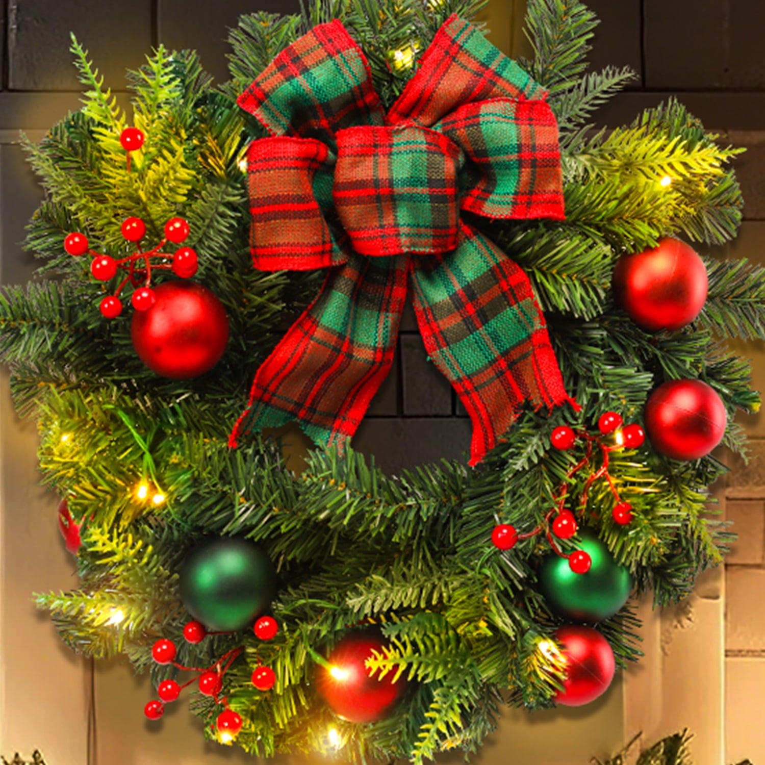 20 inch Christmas Wreaths-Christmas Wreath with Lights LED,Battery Operated LED light Wreath with ball bow for christmas festival party, patio, farmhouse decoration(green and red)