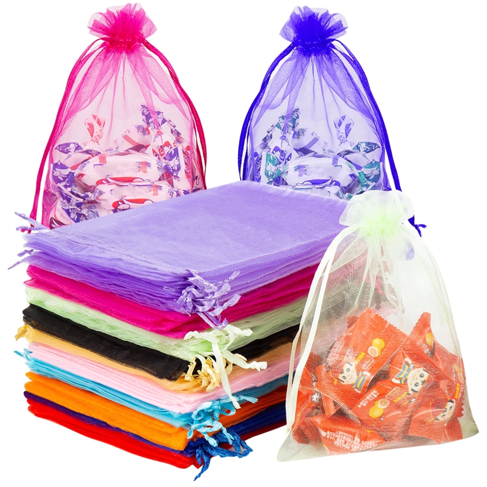 200Pcs Large Drawstring Organza Bags Decoration Festival Wedding Party Favor Gift Candy Toys Makeup Pouches (Mixed Color)