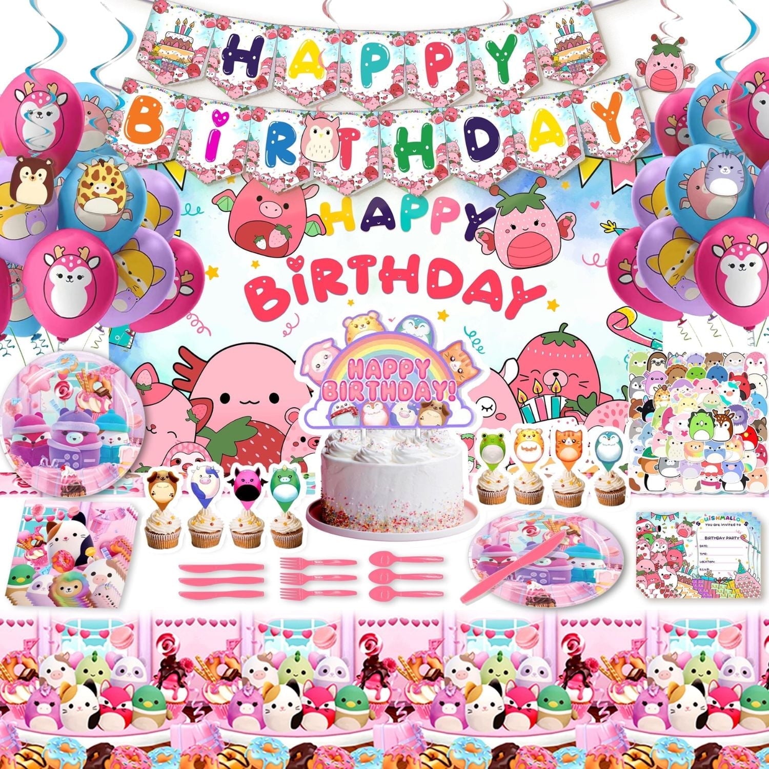 201 Pcs  Squishmallow Birthday Party Decoration, Squishmallow Party Supplies, Party Decorations for Kids Boys Girls Party Favor Include Birthday Banner, Balloons, Backdrop, Cake Topper, Sticker