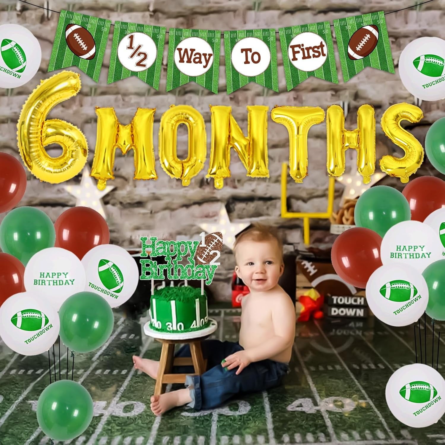 Football Half Birthday Decorations - Football 6 month Birthday Party, 1/2 Birthday Football Decorations Banner, Green Coffee Balloons Happy Birthday Cake Topper 6 Month Foil Balloon for Boy Birthday