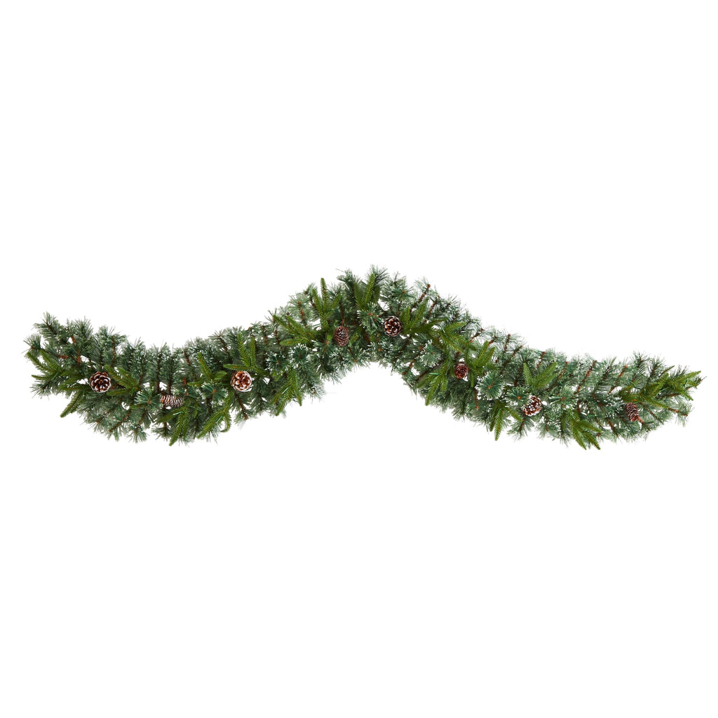 Nearly Natural 6ft. Snow Tipped Christmas Artificial Garland with 35 Clear LED Lights and Pine Cones