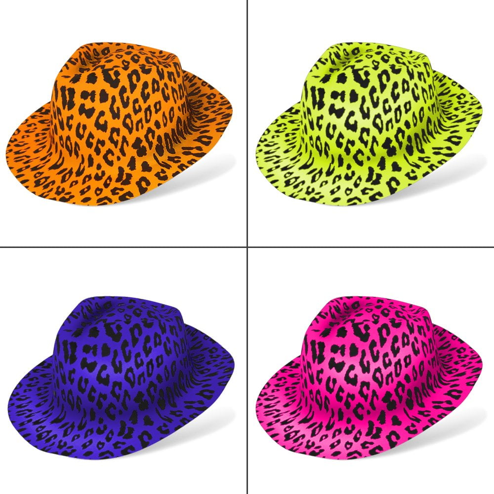 24 Pcs Neon Animal Print Plastic Party Hats - Fedora with Gangster Mafia Style - UV Blacklight Glow Party Stars Rave Hats