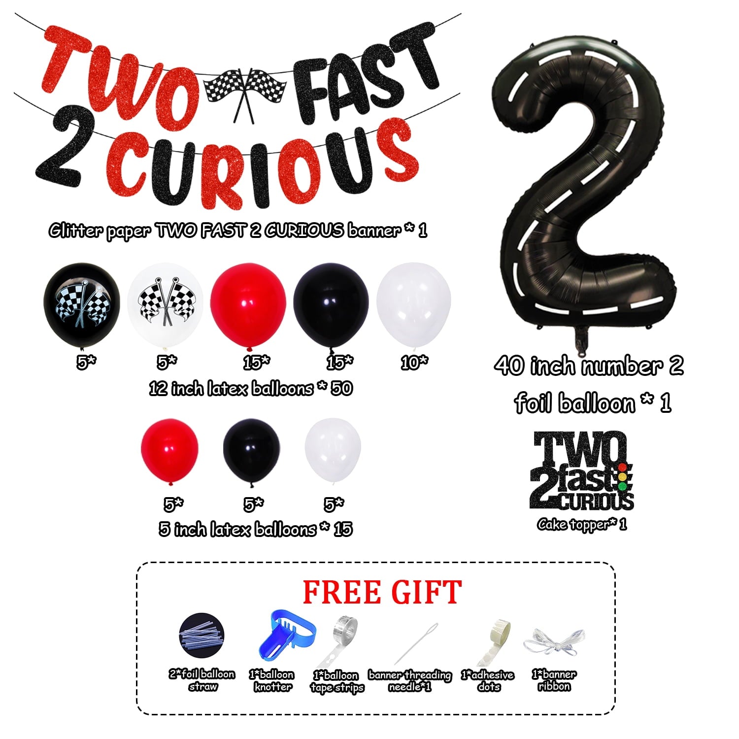 Cheereveal Racing Car 2nd Birthday Decoration Kit, 50 Balloons, Banner & Topper