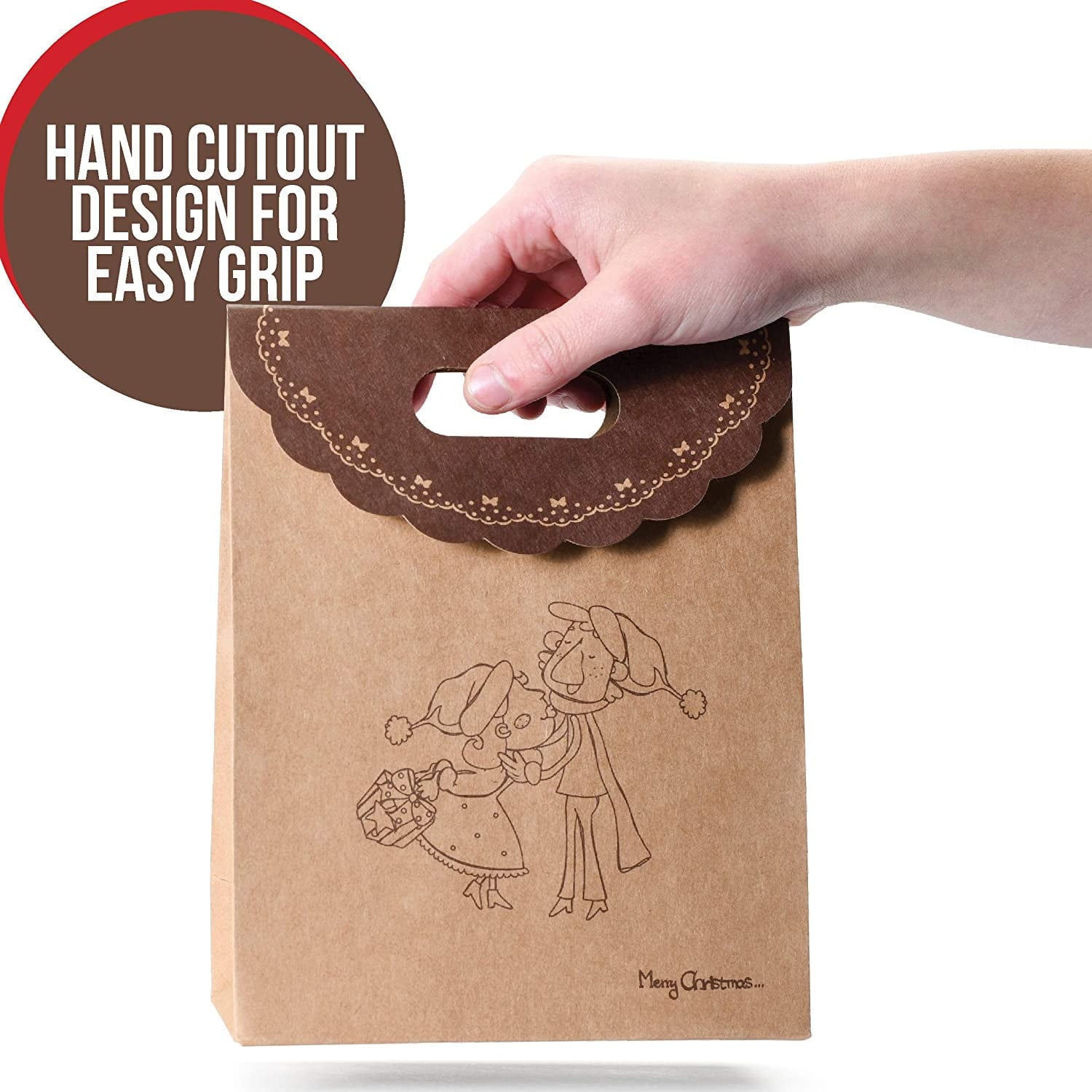 Christmas Gift Bags - 12 Pack Medium Fold Over Brown Kraft Christmas Bags for Gifts, Holiday Favors and Christmas Goodies