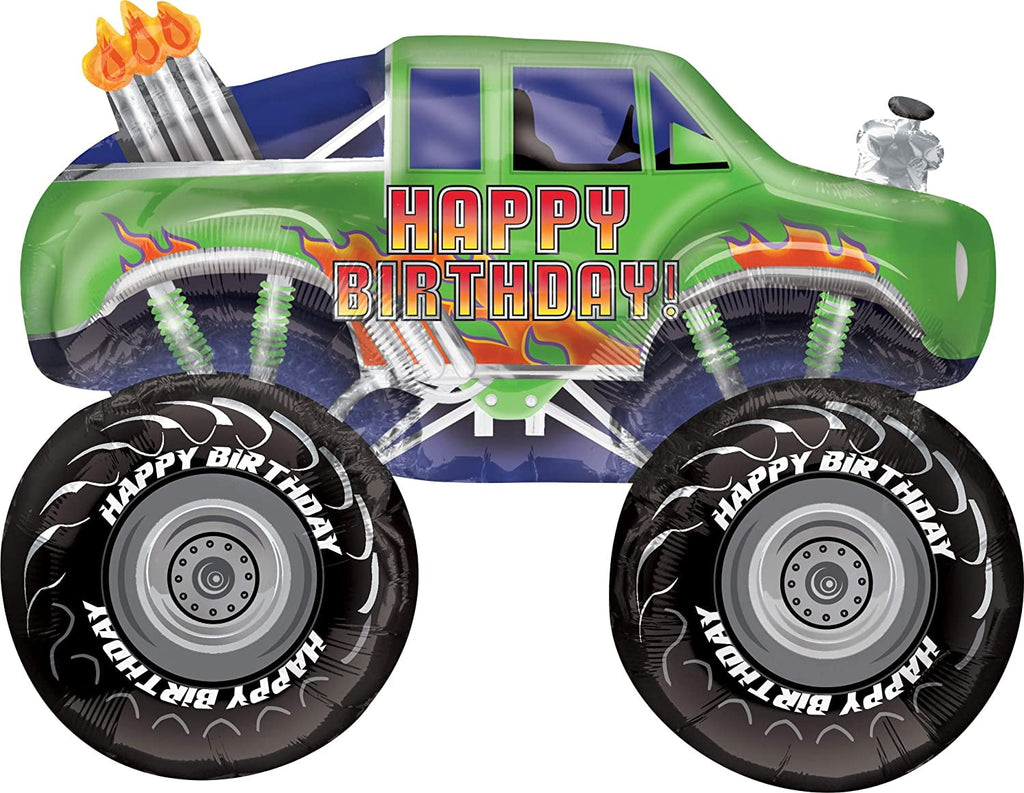 Monster Truck Rally 3rd Birthday Party Supplies 8 Guest Decoration Kit with Green and Red Monster Truck Balloon Bouquet