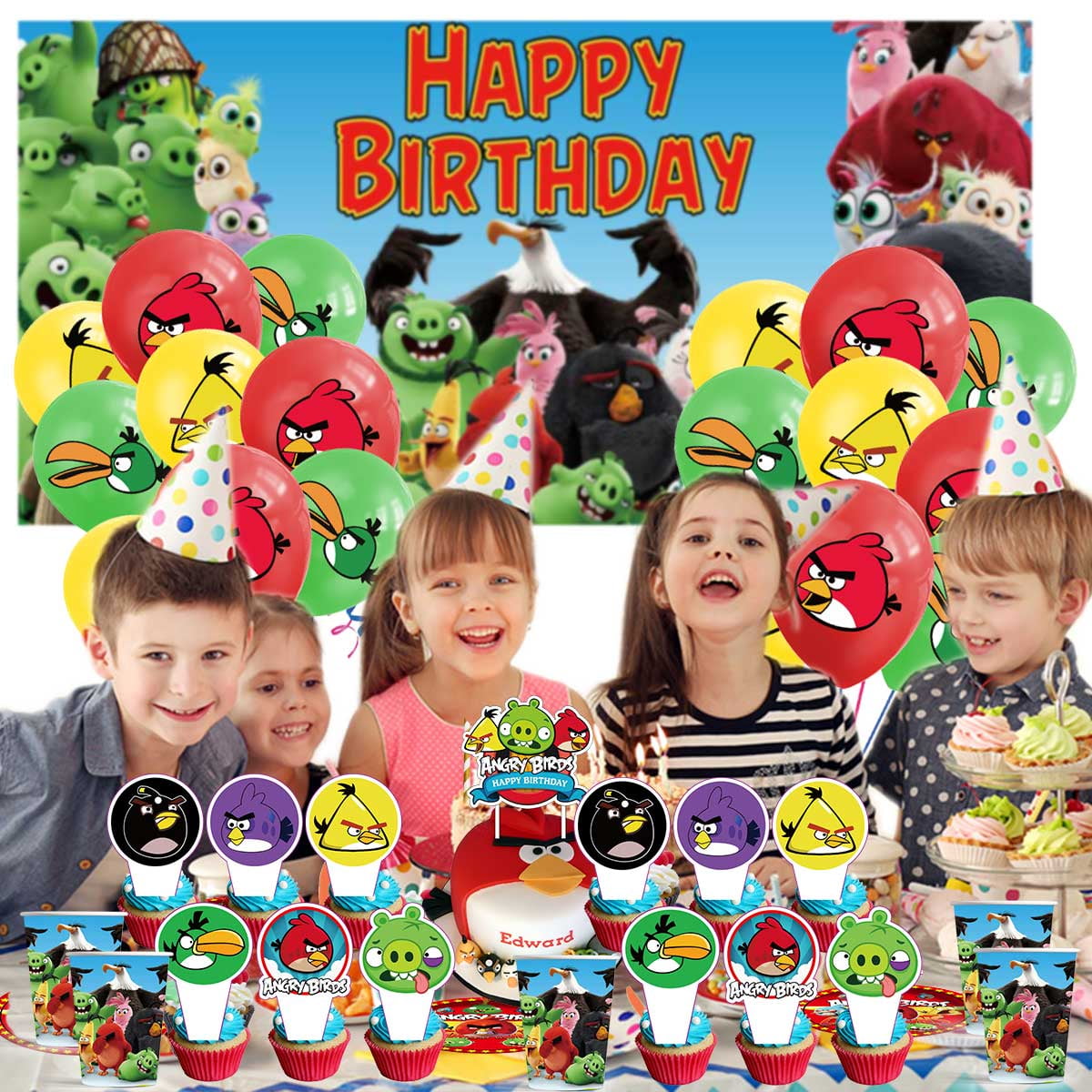 Angry Birds Plates Balloons Party Supplies Decor Backdrop Cake Topper Banner Decorations Tableware