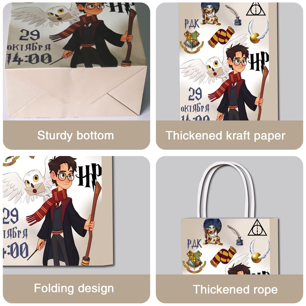 16 PCS For Harry Potter Cartoon Party Favor Bags – 2 Styles Paper Gift Bags with Handles for Candy, Snacks, and Party Supplies
