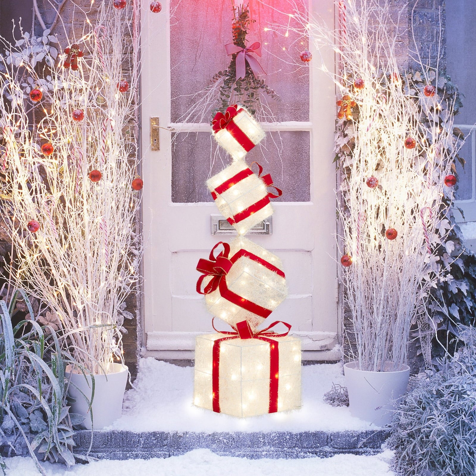 UBesGoo Glitter Accented Gift Box for Indoor or Outdoor Decoration,Vertical 4 Level Gift Box
