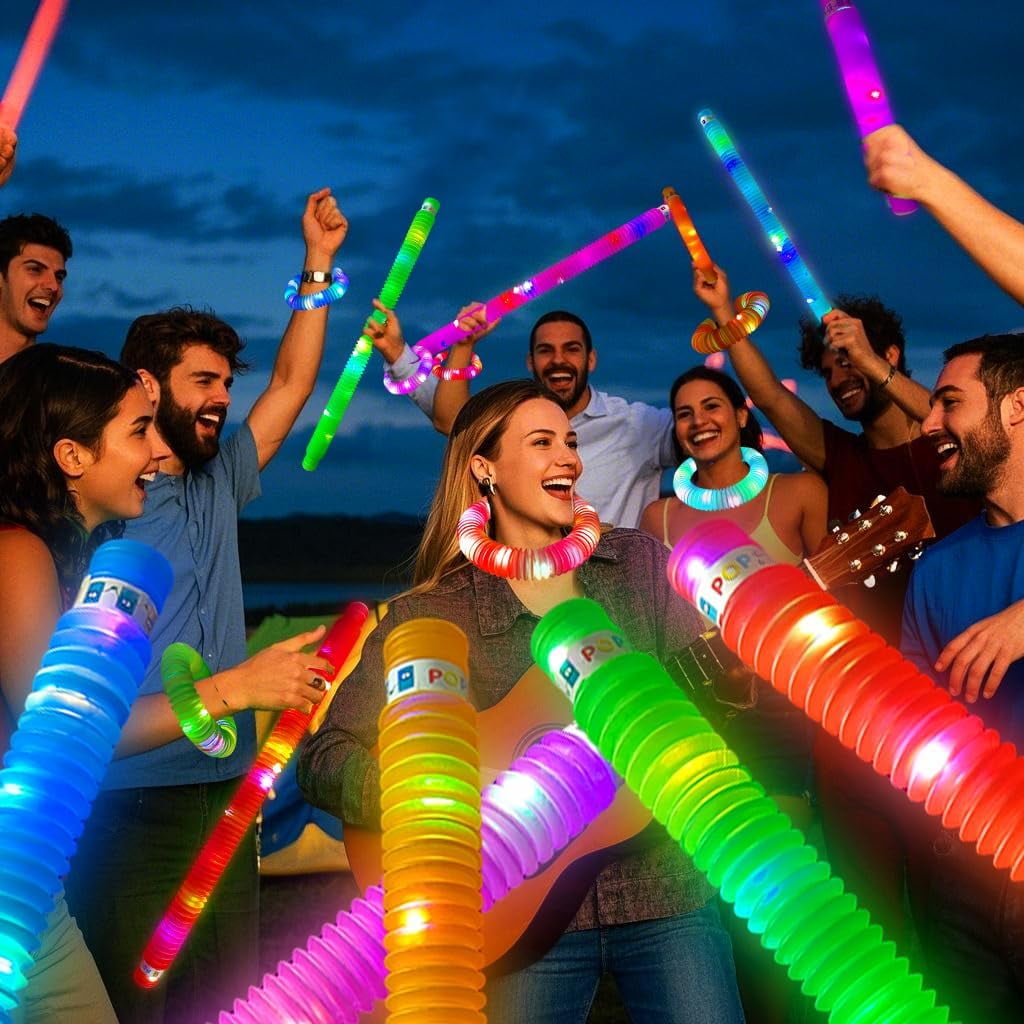 AGCAN 12 Pack Glow Sticks, 6 Colors Light Up Pop Tube Party Favors - 3 Modes Battery-Powered Sensory Toys for Halloween Camping Birthday Dance Party