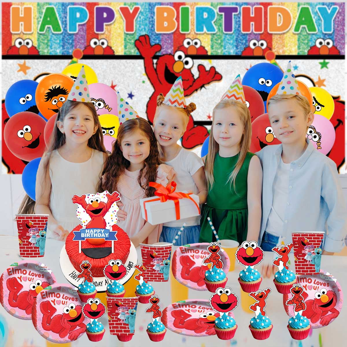 Elmo Birthday Party Supplies Balloons Paper Plates Decoration Cake Topper Decor Tableware Banner Backdrop