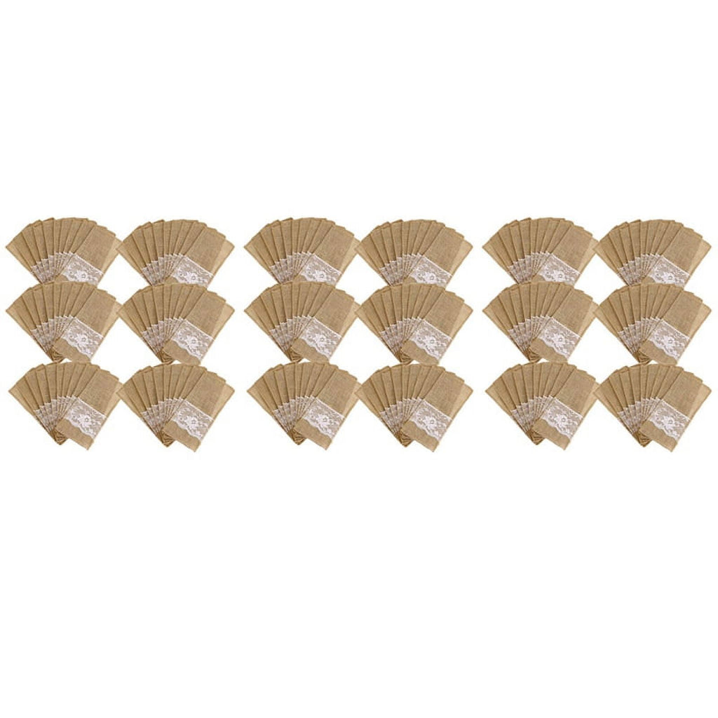 225Pcs Burlap Lace Cutlery Pouch Rustic Wedding Tableware Knife Fork Holder Bag Hessian Table Decoration,225 * Sack Bag,yellow-brown