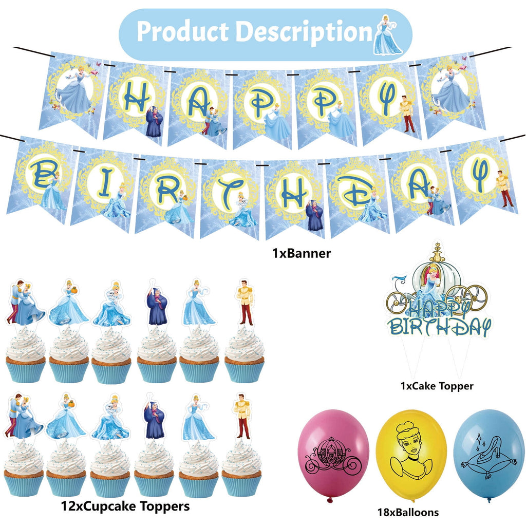 40PCS For Cinderella Birthday Party Decorations,With 1 Happy Birthday Banner Garland,2 Foil Balloons,6 Hanging Swirls,13 Cupcake Toppers,18 Balloons for Party Supplies