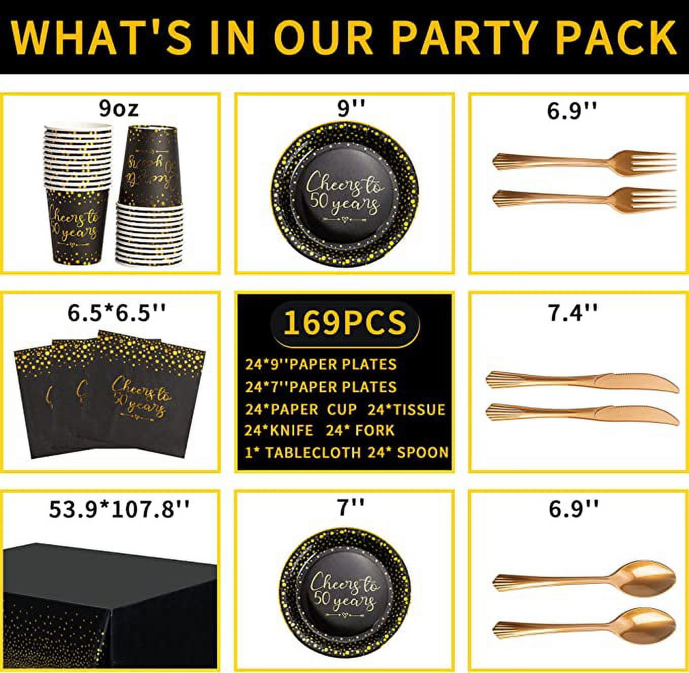 50th Birthday Party Supplies Tableware Serves 24: 9" Paper Plates 7" Plate 9 Oz Cups Napkins Forks Knives Tablecloth 50th Birthday Black & Gold Dot Themed Disposable Dinnerware