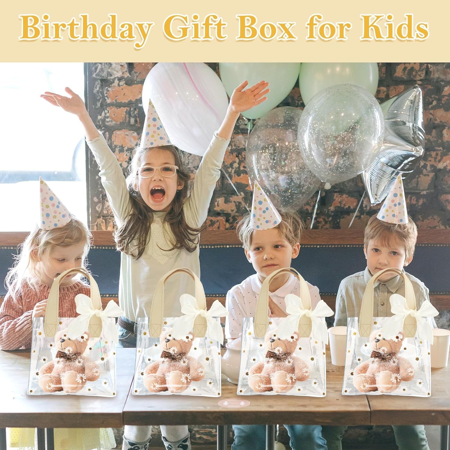 24 Pack Clear Gift Bags with Handle, Inches Reusable PVC Party Favor Bags Gift Wrap Tote Bags with 2 Ribbons, Cute Goodies bags for Wedding Birthday Boutique Shopping, 7.87 x 7.09 x 3.94 (white)