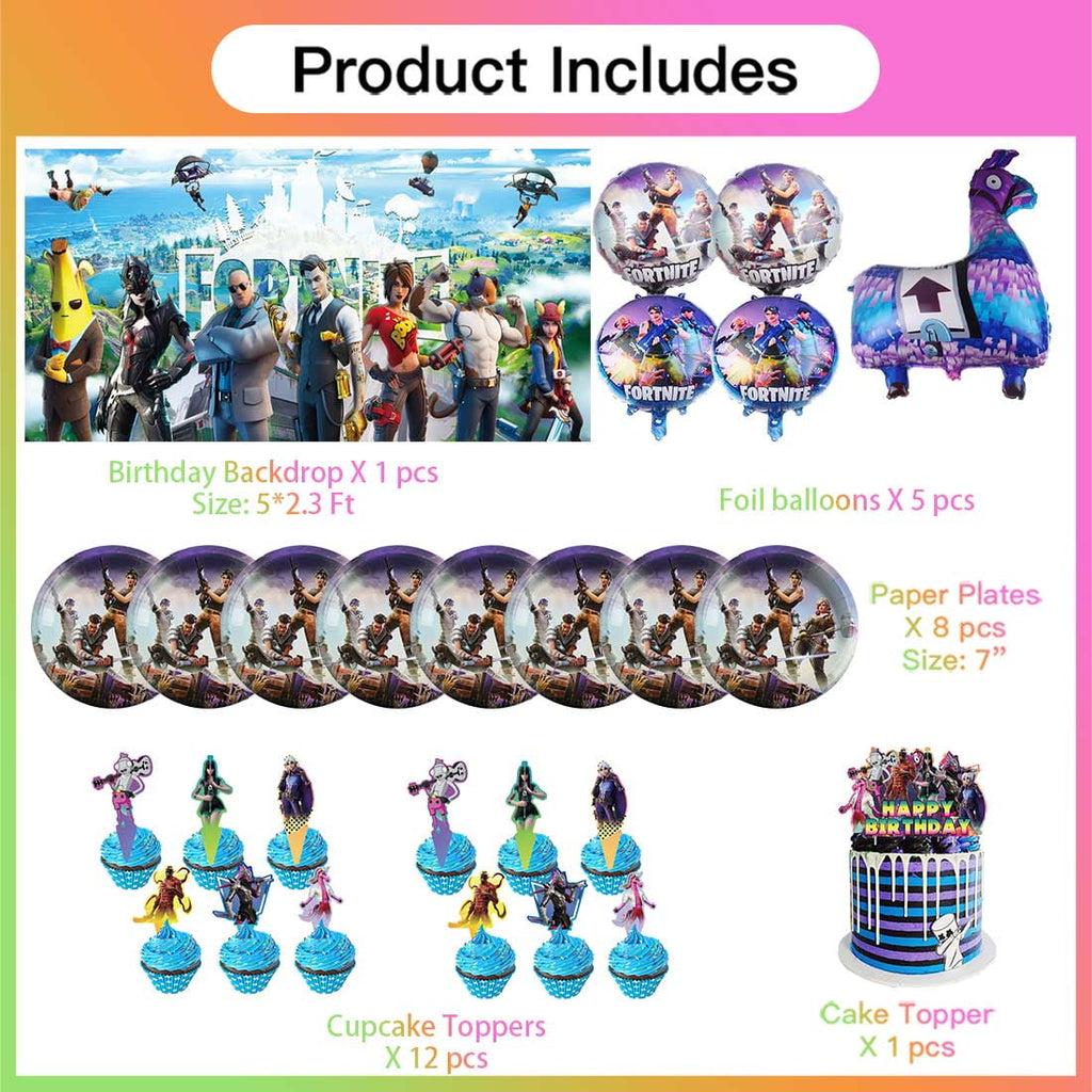 Fortnite Party Supplies Decor Tableware Backdrop Banner Cake Topper Balloons Birthday Decorations