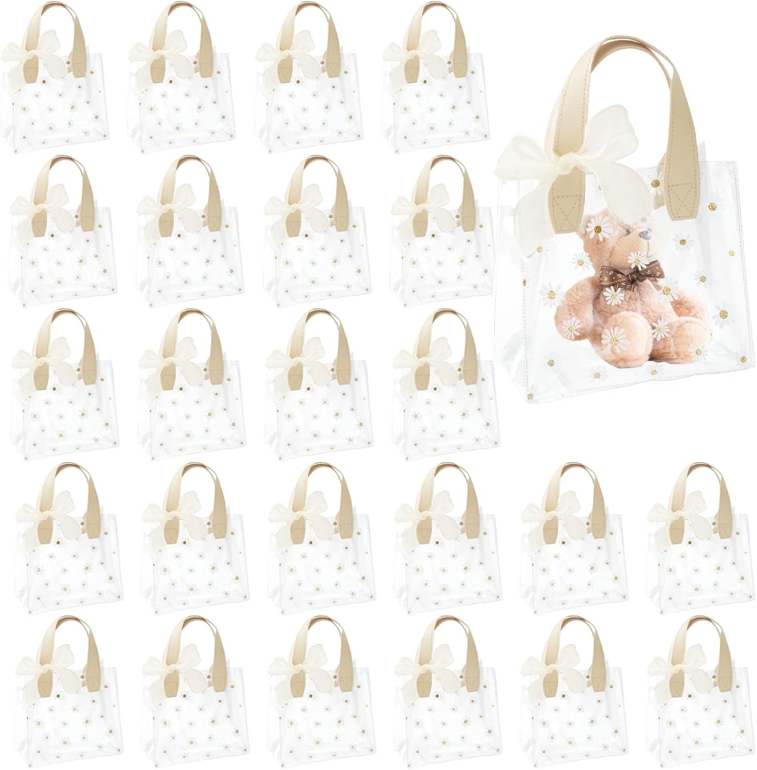 24 Pack Clear Gift Bags with Handle, Inches Reusable PVC Party Favor Bags Gift Wrap Tote Bags with 2 Ribbons, Cute Goodies bags for Wedding Birthday Boutique Shopping, 7.87 x 7.09 x 3.94 (white)