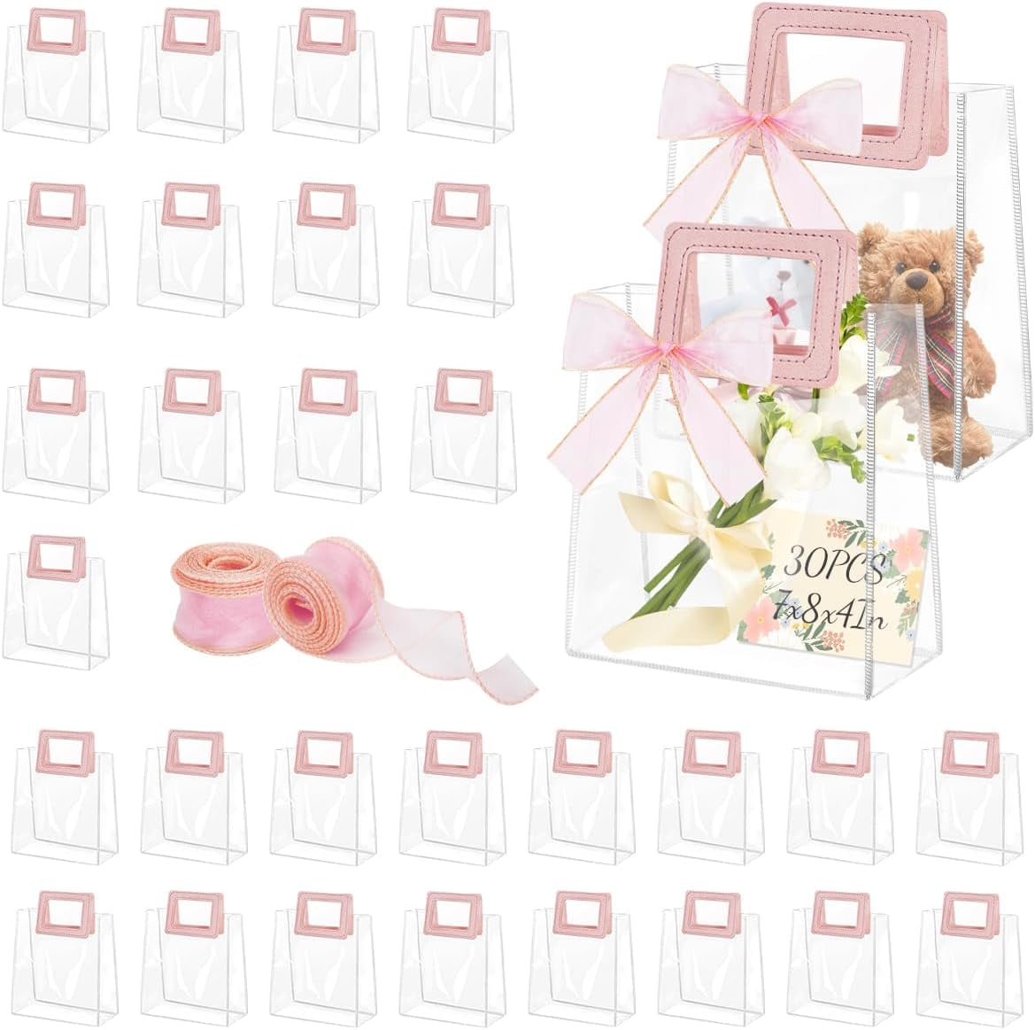 24 Pcs Clear Gift Bags with Handles, Transparent PVC Gift Bag with Ribbon, Reusable Plastic Shopping Bags, Heavy Duty Gift Wrap Bags for Bridal Party Baby Shower Wedding Birthday (10x11x6In-Large)