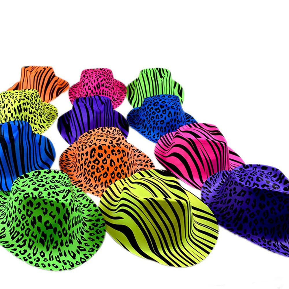 24 Pcs Neon Animal Print Plastic Party Hats - Fedora with Gangster Mafia Style - UV Blacklight Glow Party Stars Rave Hats