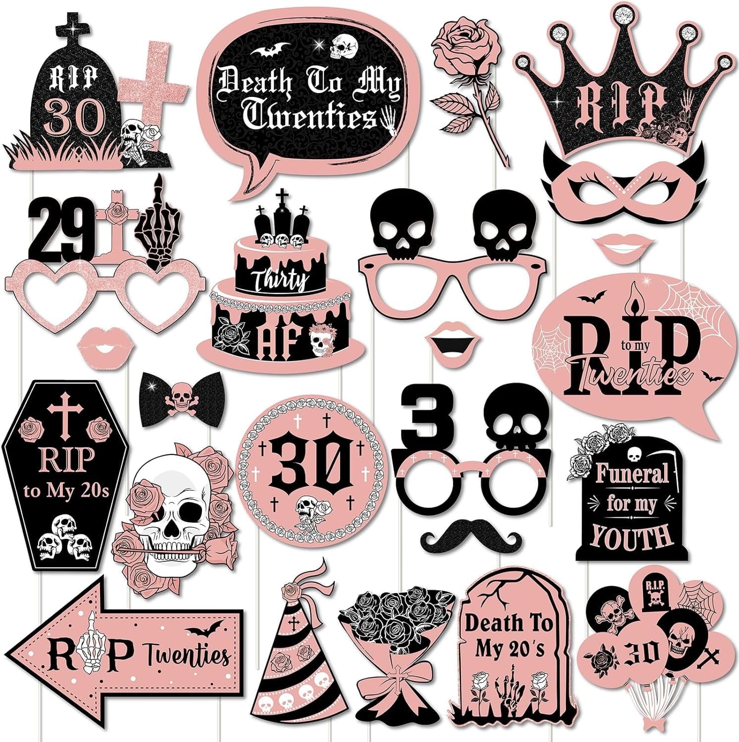 24Pcs 30th Birthday Photo Booth Props, Rip Twenties Birthday Decorations, Death to My 20s Decorations for 30th Birthday Party Supplies Black and Rose Gold