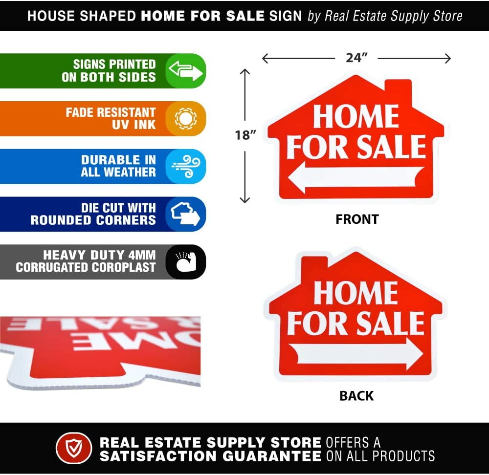 Home for Sale by Owner Yard Sign Combo Kit - Includes Directional Home for Sale Signage, & Heavy Duty Yard Stakes (for Sale by Owner Kit, with 3 House Shaped Directional Signs)