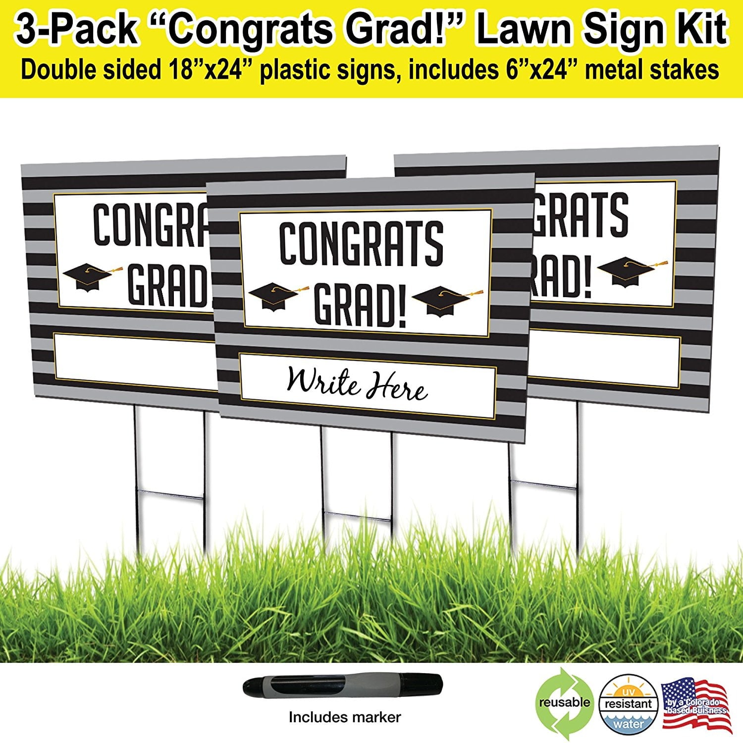 24x18 Congrats Grad Lawn Sign with 6x24 Yard Stakes (3)