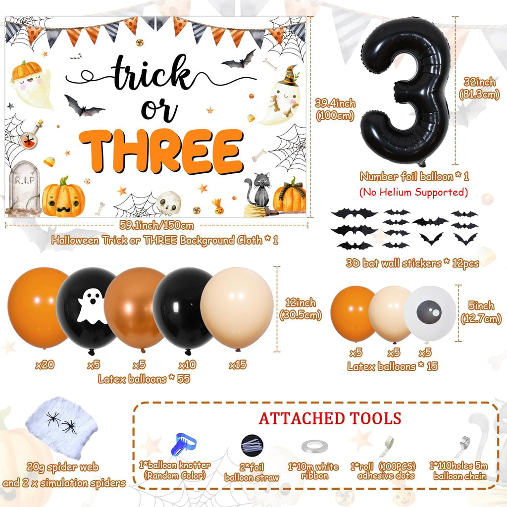 Trick or Three Theme Halloween 3rd Birthday Party Decorations Pumpkin Backdrop Number 3 Balloon Garland Arch Kit 3D Bat Wall Stickers Simulation Spider for Halloween 3rd Birthday Party Decor Supplies