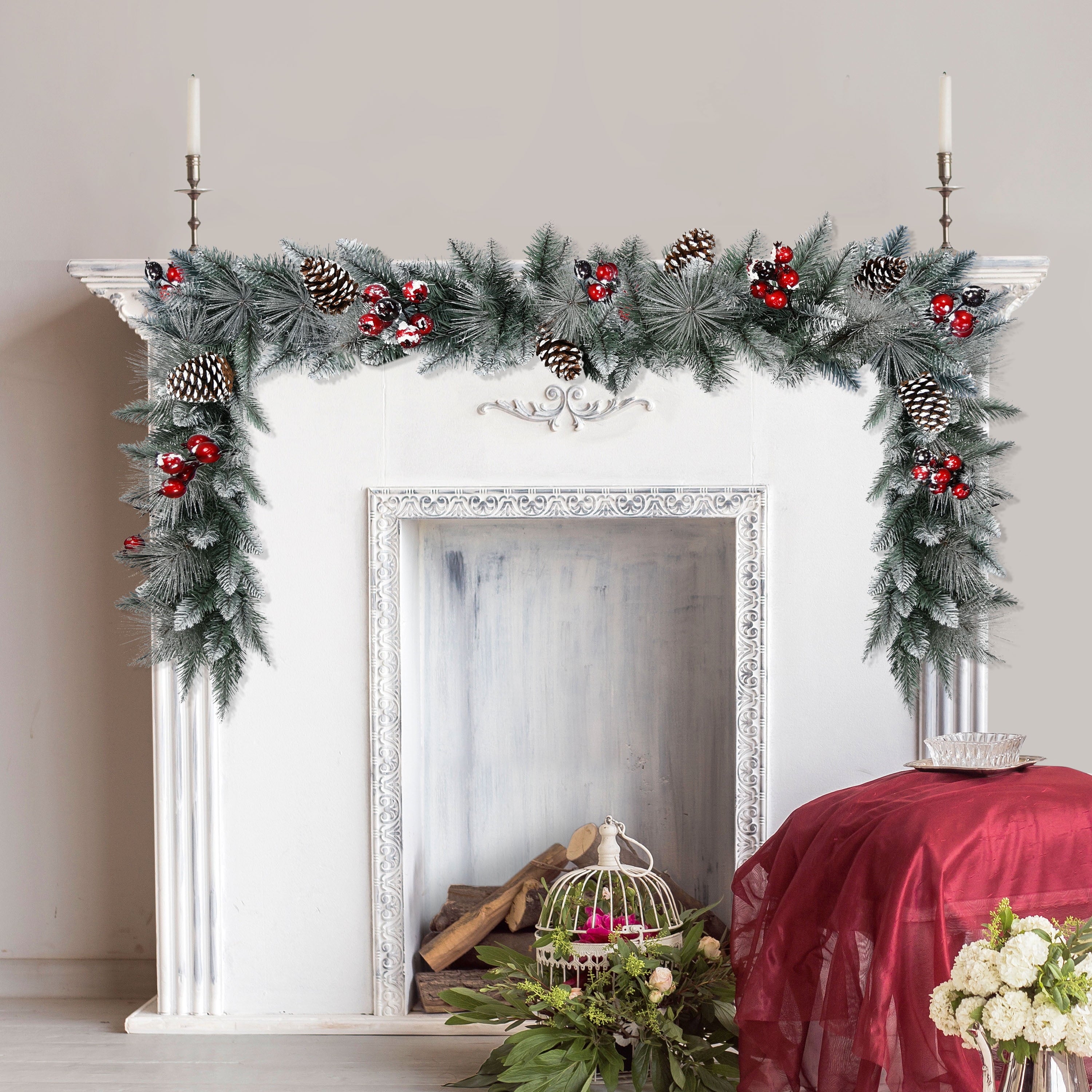 Puleo International Sterling Pine 9 ft. Artificial Garland with Pine Cones Red Berries and Silver Glitter Accents
