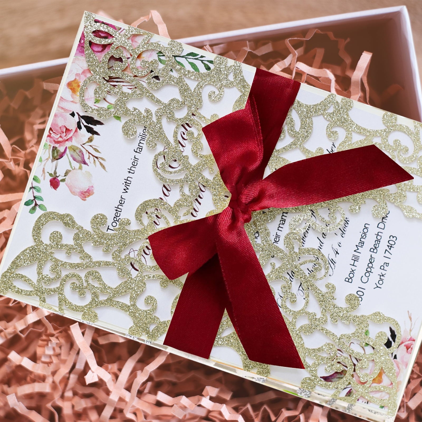 25PCS Wedding Invitation,Gold invitations,Gold Powder Floral Laser Cut with Blank Inner Sheet, Envelopes and Ribbons for Party Wedding Engagement Bridal Bridal Shower Invite