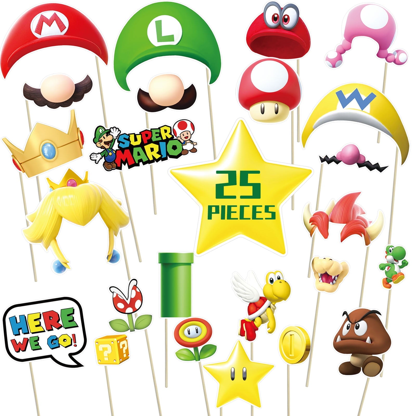 25Pcs Super Bros Party Photo Booth Props with Stick,Super Bros Selfie Props,Super Bros Themed Birthday Party Supplies,Super Bros Themed Backdrop Decorations