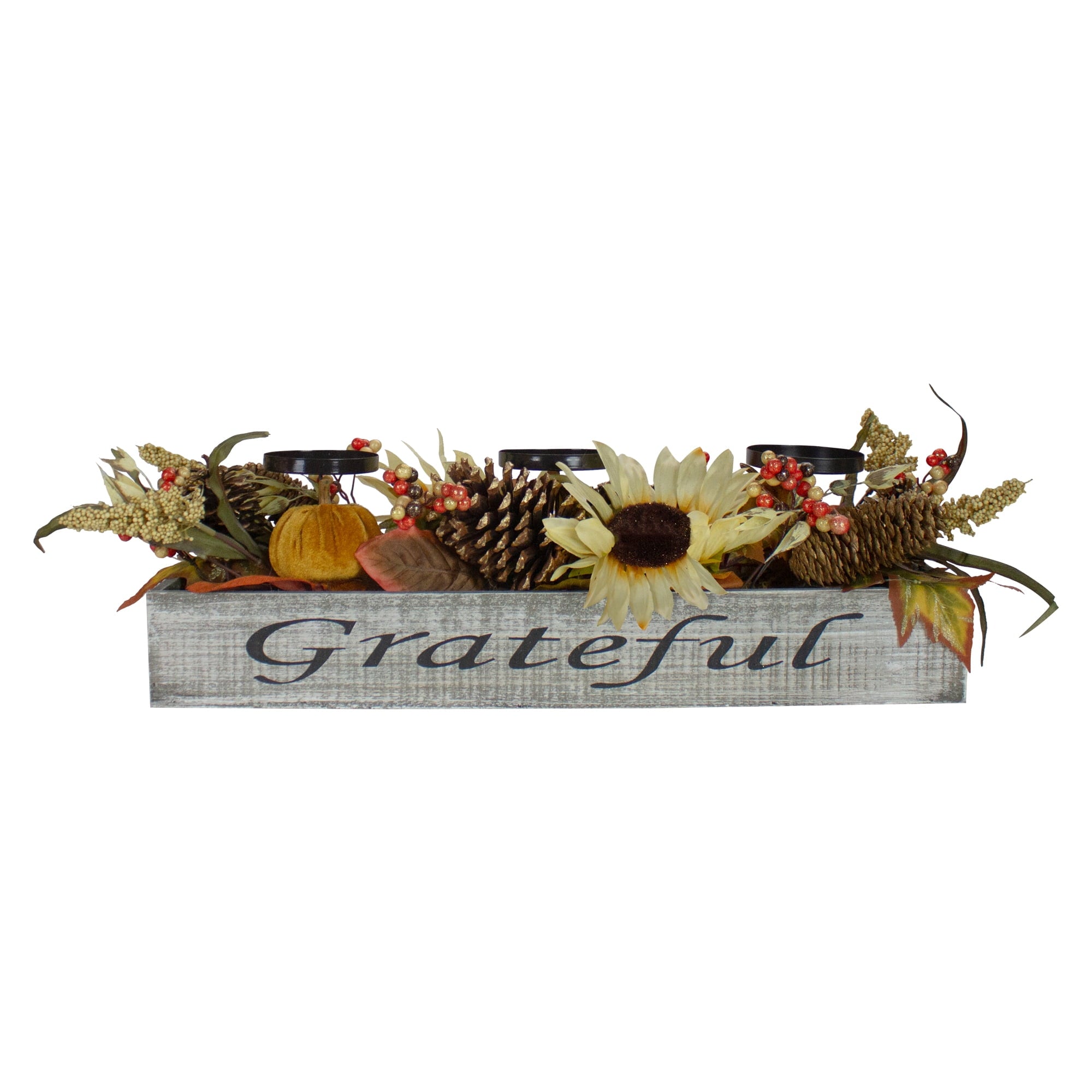 26" Autumn Harvest Sunflower 3-Piece Candle Holder in a "Grateful" Rustic Wooden Box Centerpiece