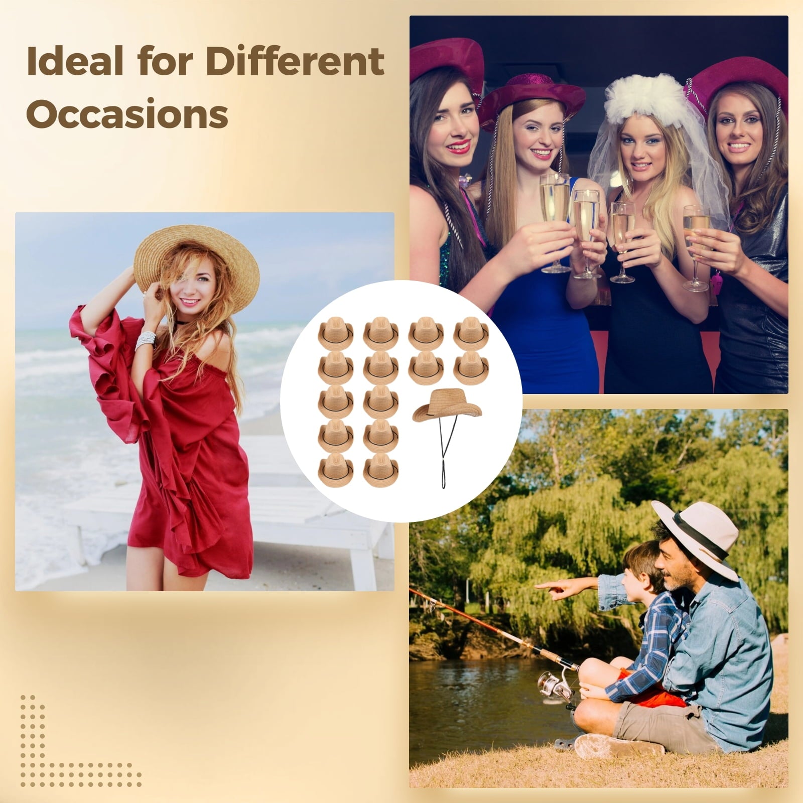 15 Pcs Straw Cowboy Hats, Western Wide Brim Hats for Men & Women, Unisex Cowgirl Hats, Sun Hats with Adjustable Chin Strap for Outdoor Activities, Themed Parties
