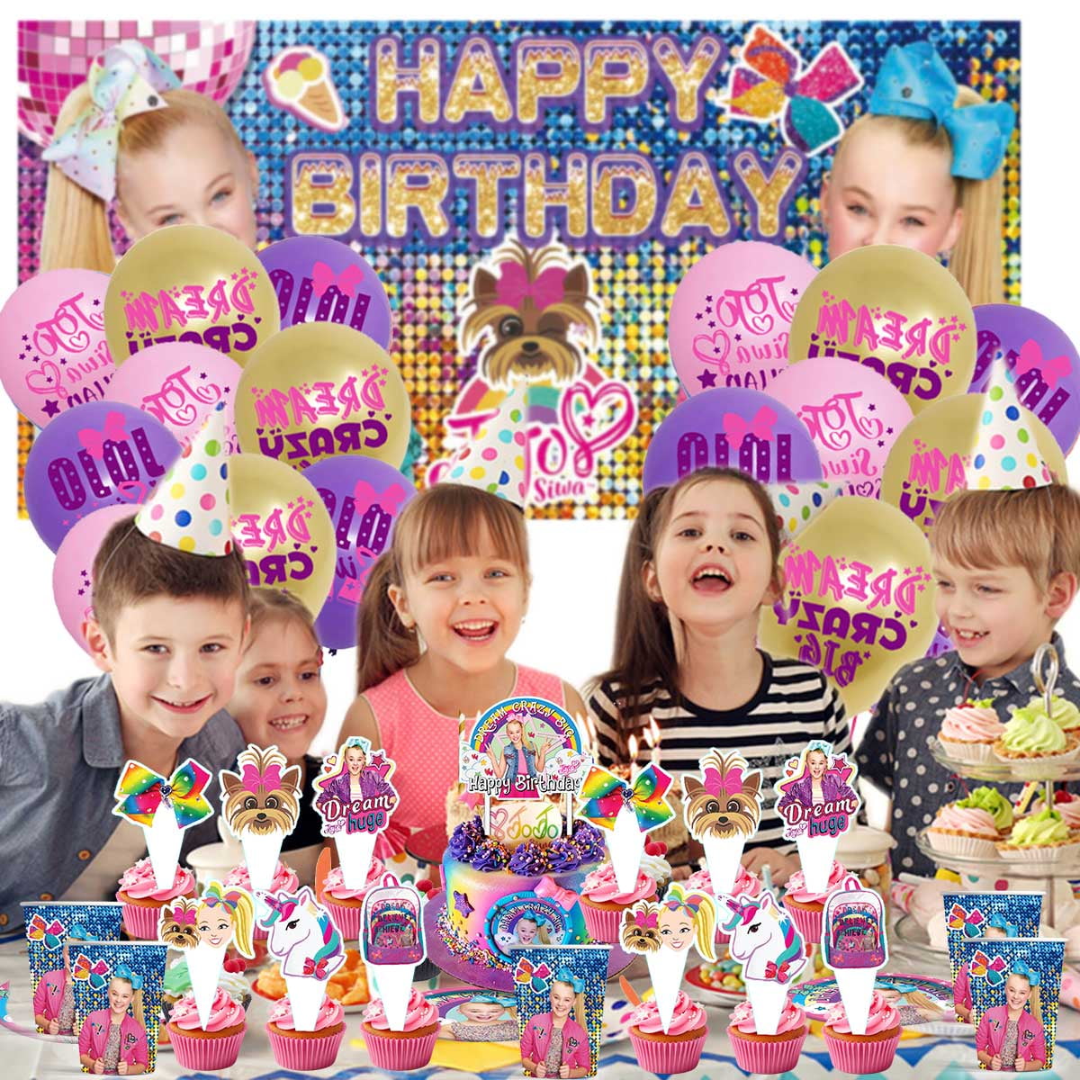 JOJO Siwa Party Supplies Balloons Tableware Decorations Birthday Plates Cake Topper Decor Banner Backdrop