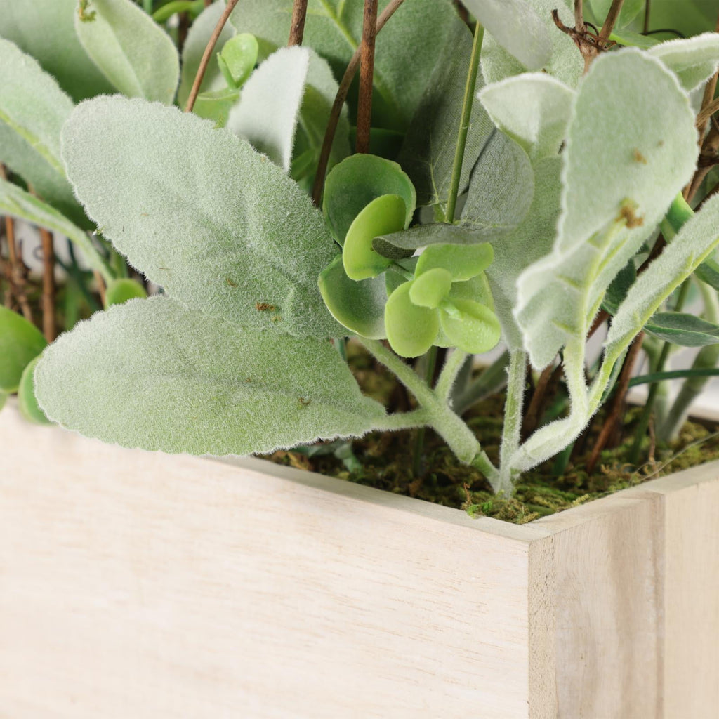 Puleo International 11 in. Lambs Ear Centerpiece with Twigs & Greenery Leaves in Wood Planter