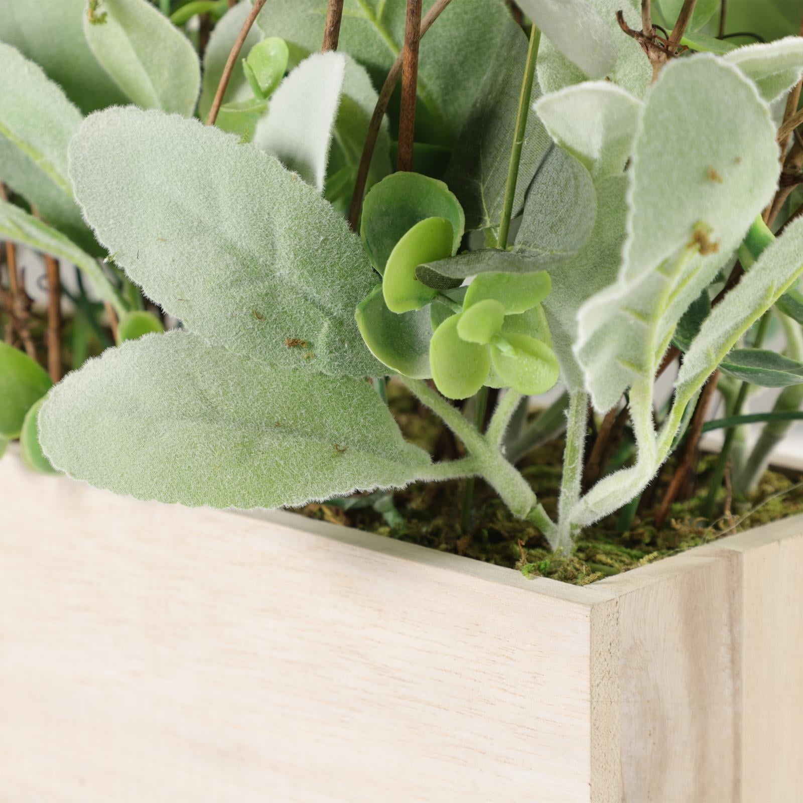 Puleo International 11 in. Lambs Ear Centerpiece with Twigs & Greenery Leaves in Wood Planter
