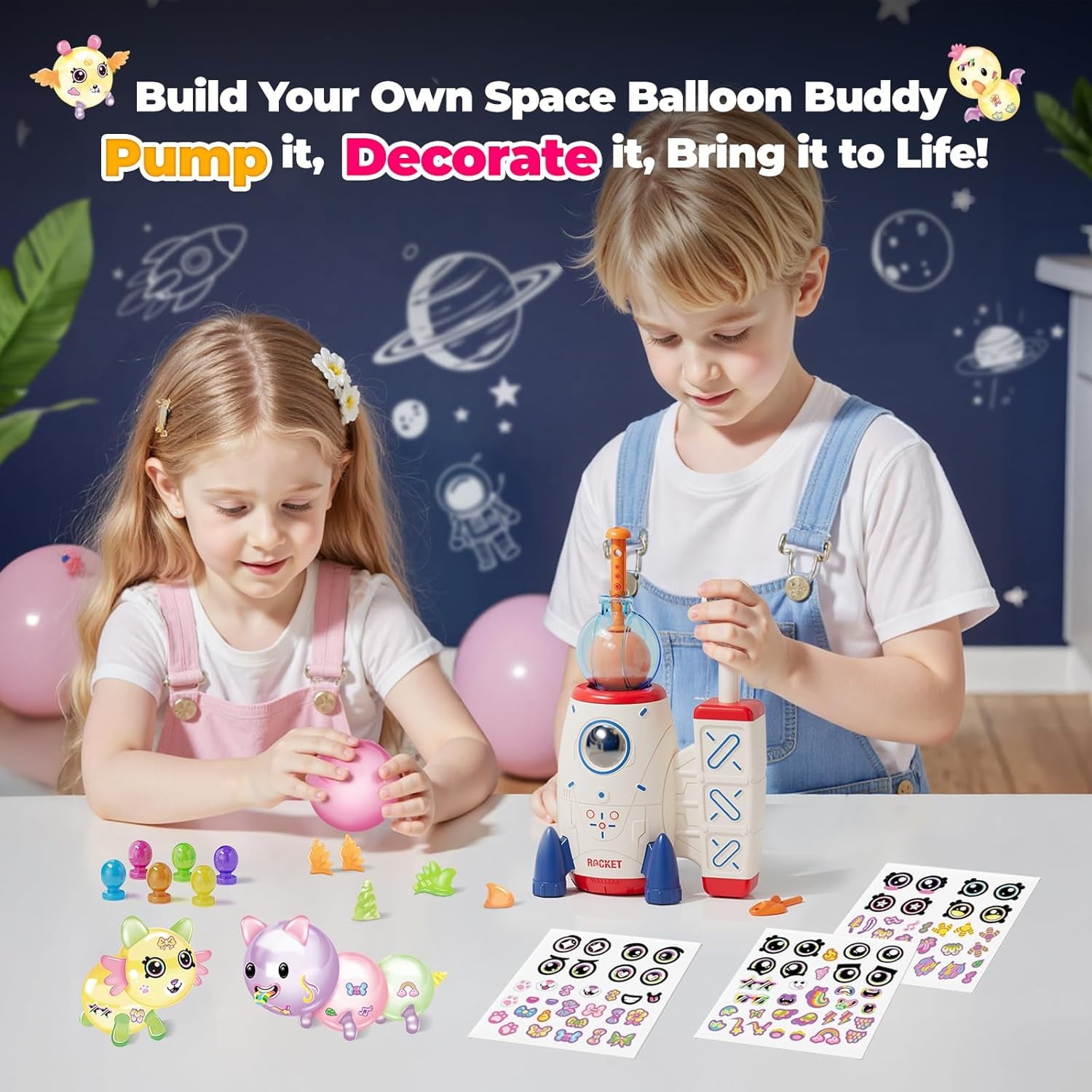 DIY Space Magic Balloon Craft Kit, Sticker Decorated Balloons Toy for Kids, Rocket Air Pump Fun with Balloon Monster Pals, DIY Creative Activity, Birthday Gifts for Girls Boys Ages 3+