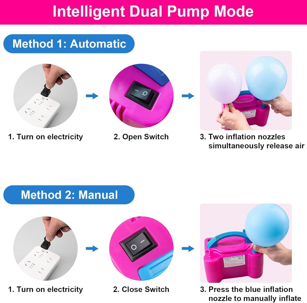 Electric Balloon Pump, Portable Dual Nozzle Electric Air Balloon Pump Inflator Blower Machine for Party Decorations, Rose Red 110V 600W with 2 Tying Tools