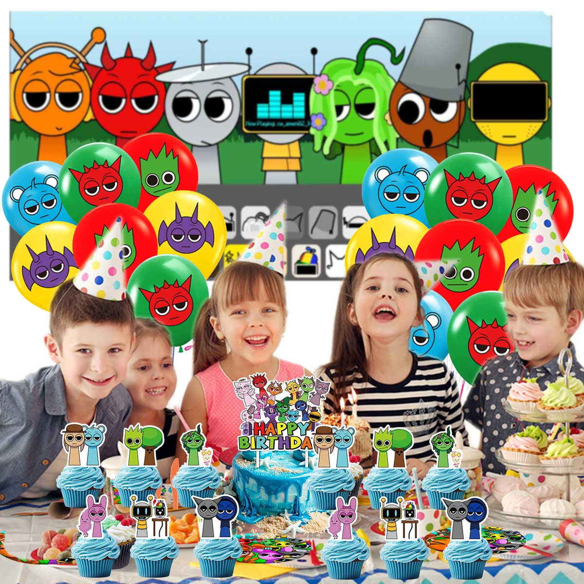 Incredibox Sprunki Birthday Party Supplies Balloons Paper Plates Decoration Cake Topper Decor Tableware Banner Backdrop
