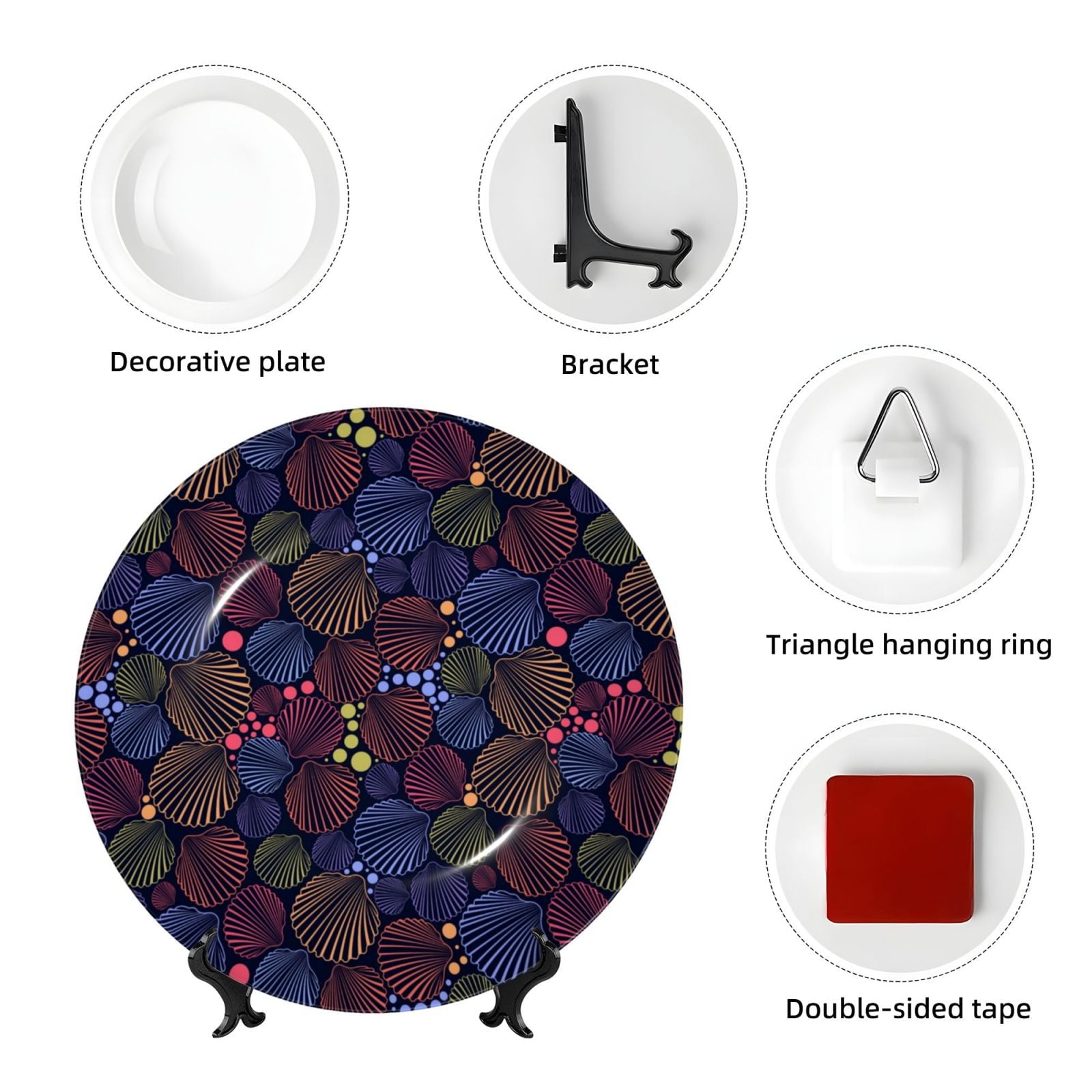 Cauagu Colorful Shells Print Bone China Decorative Plate, Wall Mount Plate Holiday Decor Decorative Ceramic Plates with Stand Elegant Household Plates Decorative-6in