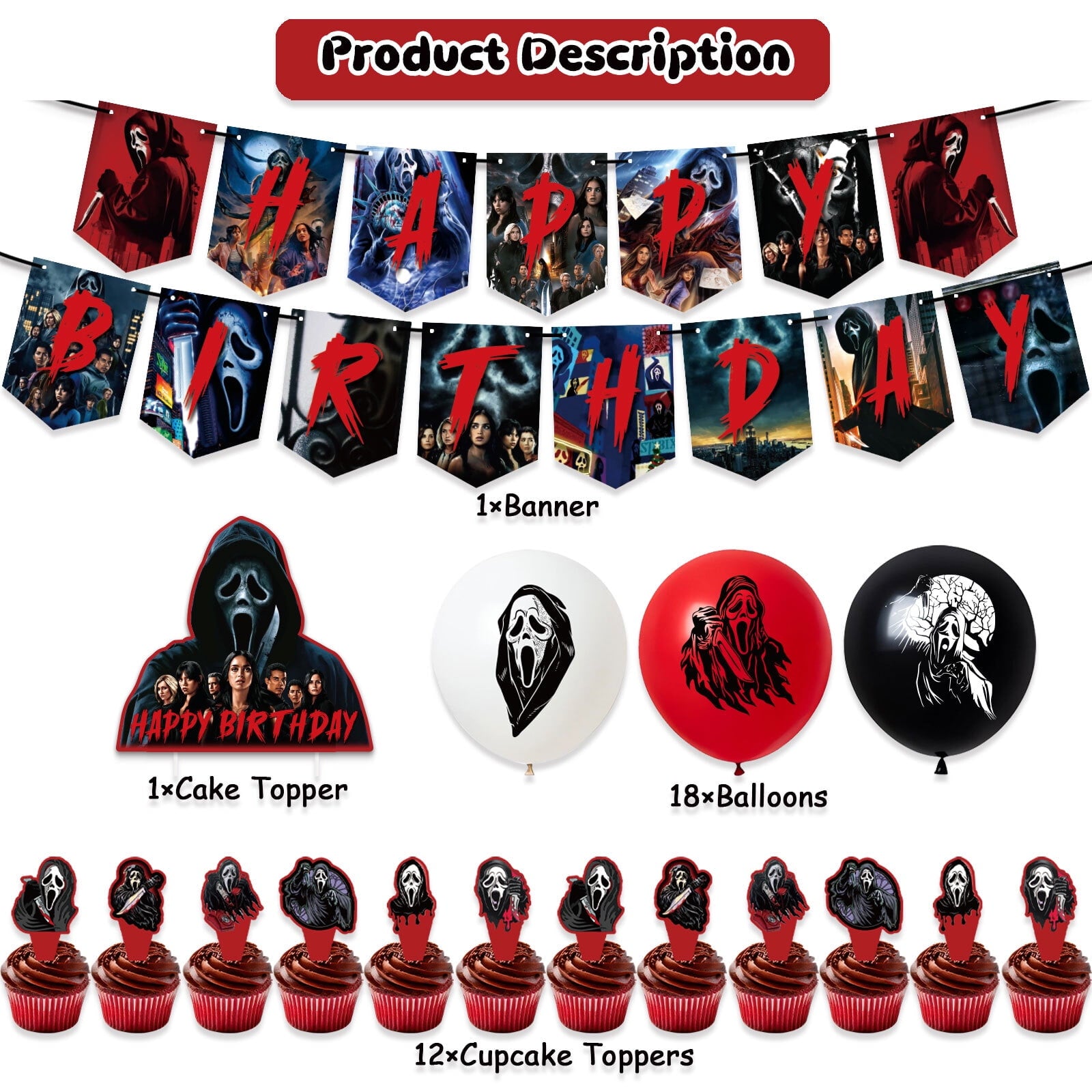 32 Pcs For Scream 6 Theme Birthday Party Decorations,With 1 Happy Birthday Banner Garland,13 Cupcake Toppers,18 Balloons for Children Party Decorations