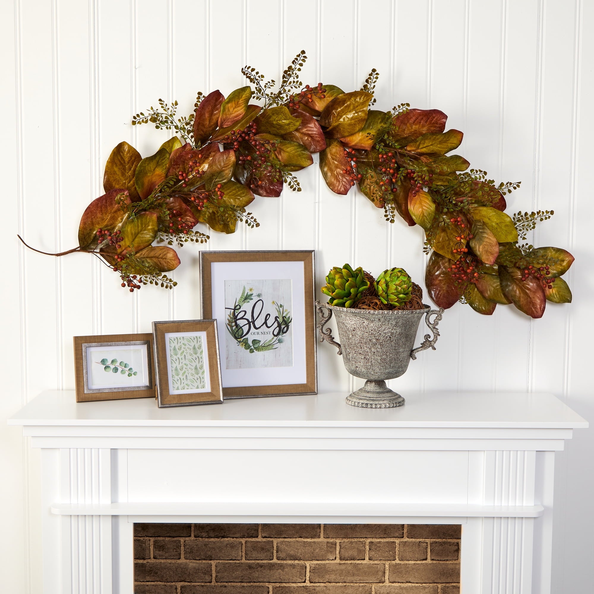 Nearly Natural 6' Autumn Magnolia Leaf and Berries Holiday Artificial Garland