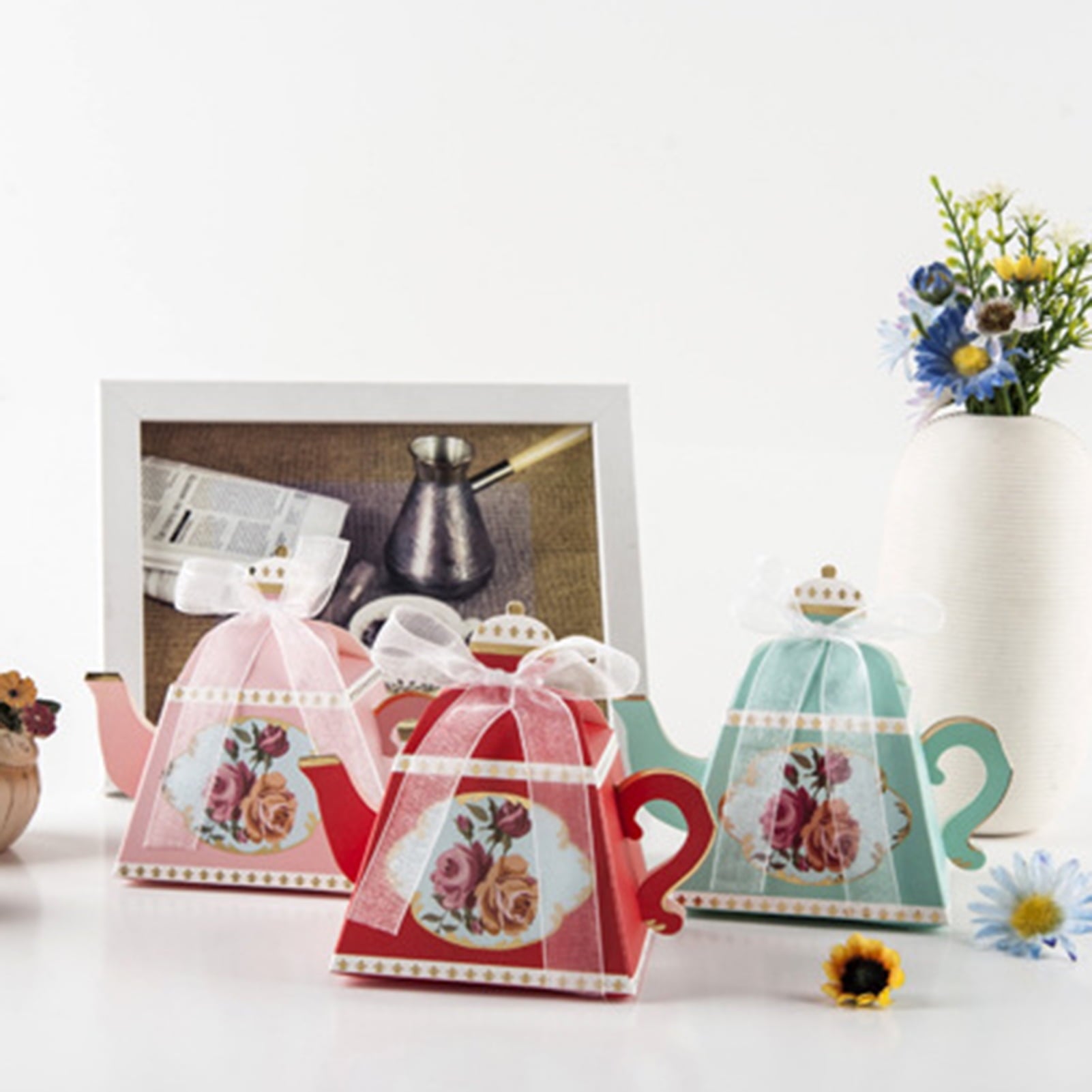 Yesbay 10Pcs Packaging Paper Box Smooth Edges Retro Paper Teapot Shape Vintage Candy Boxes,Blue