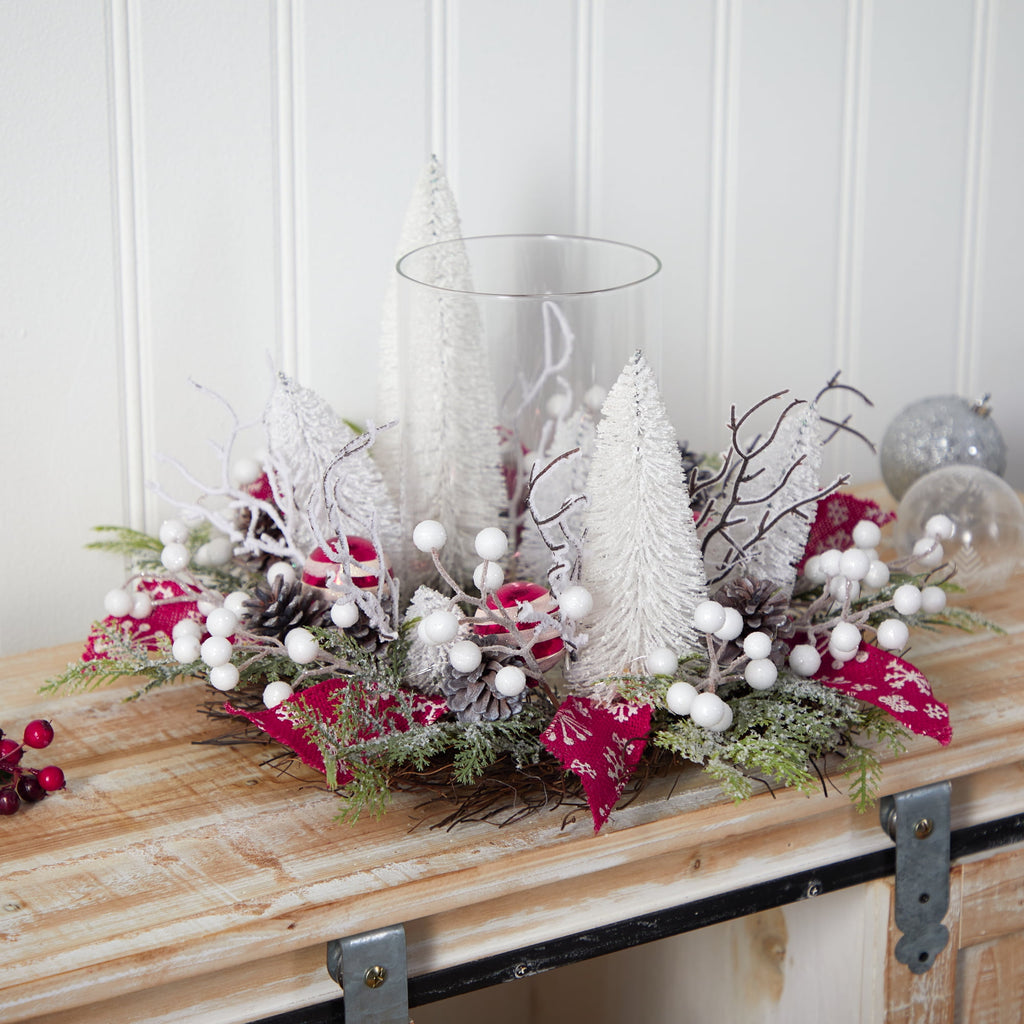 Nearly Natural 15" Holiday Lighted Forest Candle Holder Table Christmas Artificial Arrangement