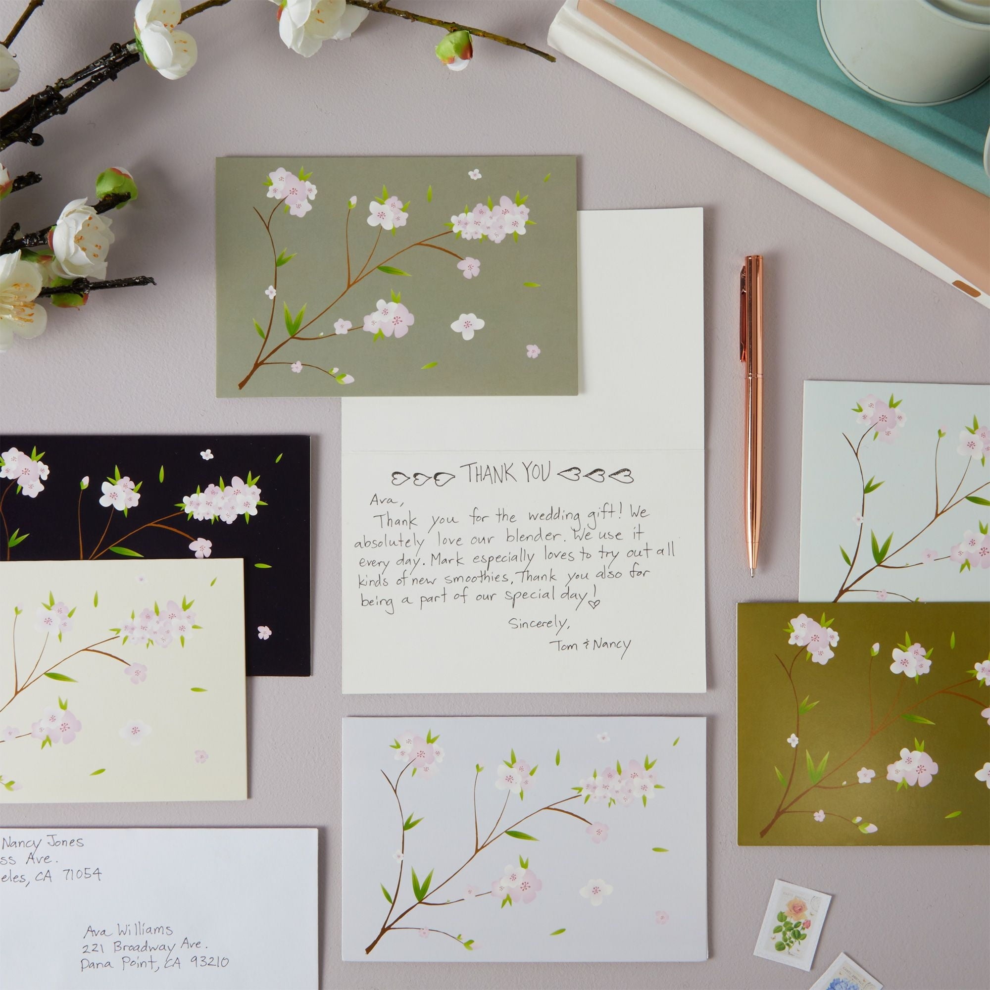 120 Pack Cherry Blossom Note Cards with Envelopes - Thank You, Wedding, Business, Birthday, All Occasion Spring Card (6 Floral Designs, 4x6 In) Blank Note Cards and Envelopes