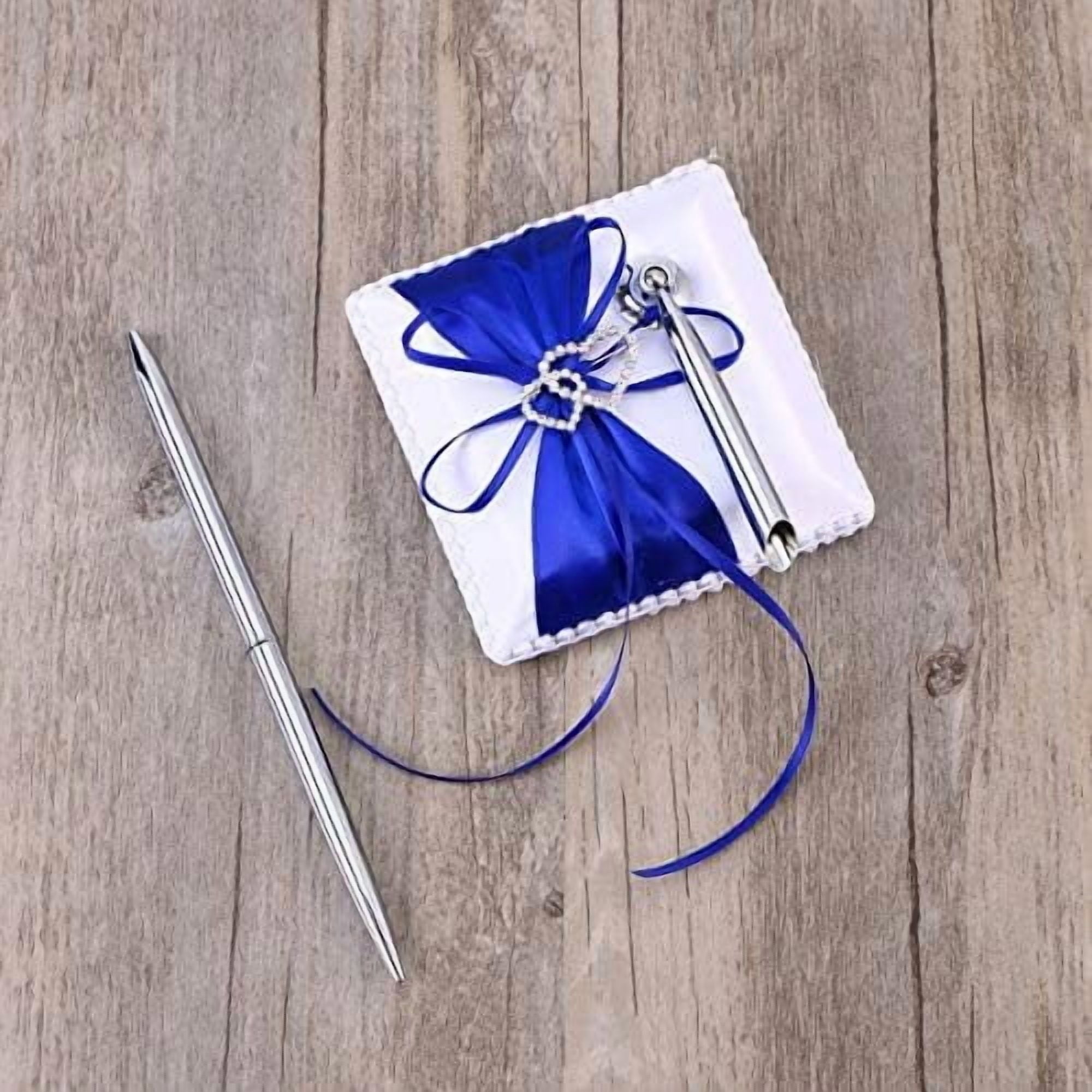 Wedding Guest Book and Pen Set Double Heart Rhinestone Decor Signature Book with Pen for Wedding Party Decorations - Blue
