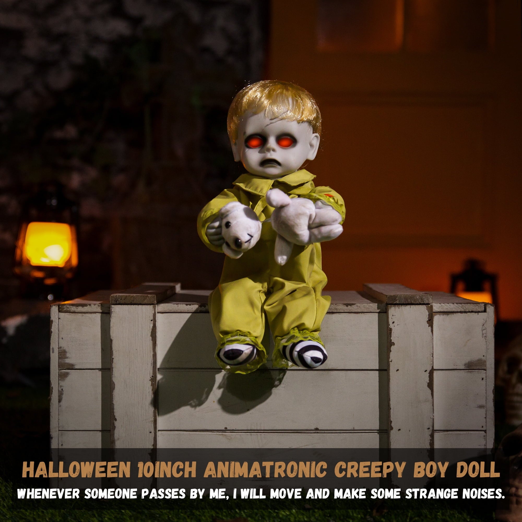 ELAMAS 10 Inch Animatronic Creepy Boy Doll Halloween Animated Decorations with Sound Activated Spooky Sound, Light Up Eyes, Scary Move, Haunted House Holiday Decor Horror Prop for Indoor, Outdoor