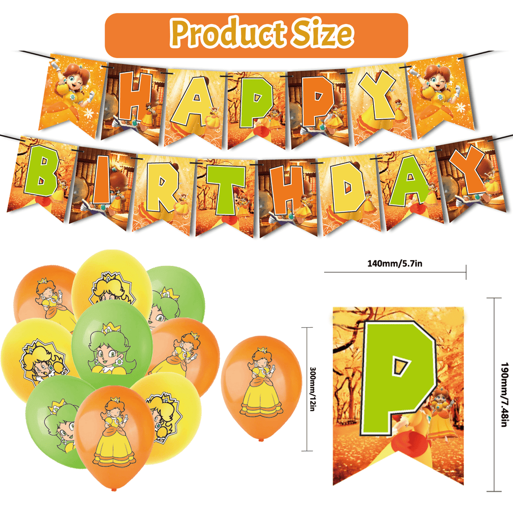 82PCS For Princess Daisy Theme Birthday Party Decorations,Party Supply Set for Kids with 1 Happy Birthday Banner Garland,50 Stickers,18 Balloons,13 Cupcake Toppers