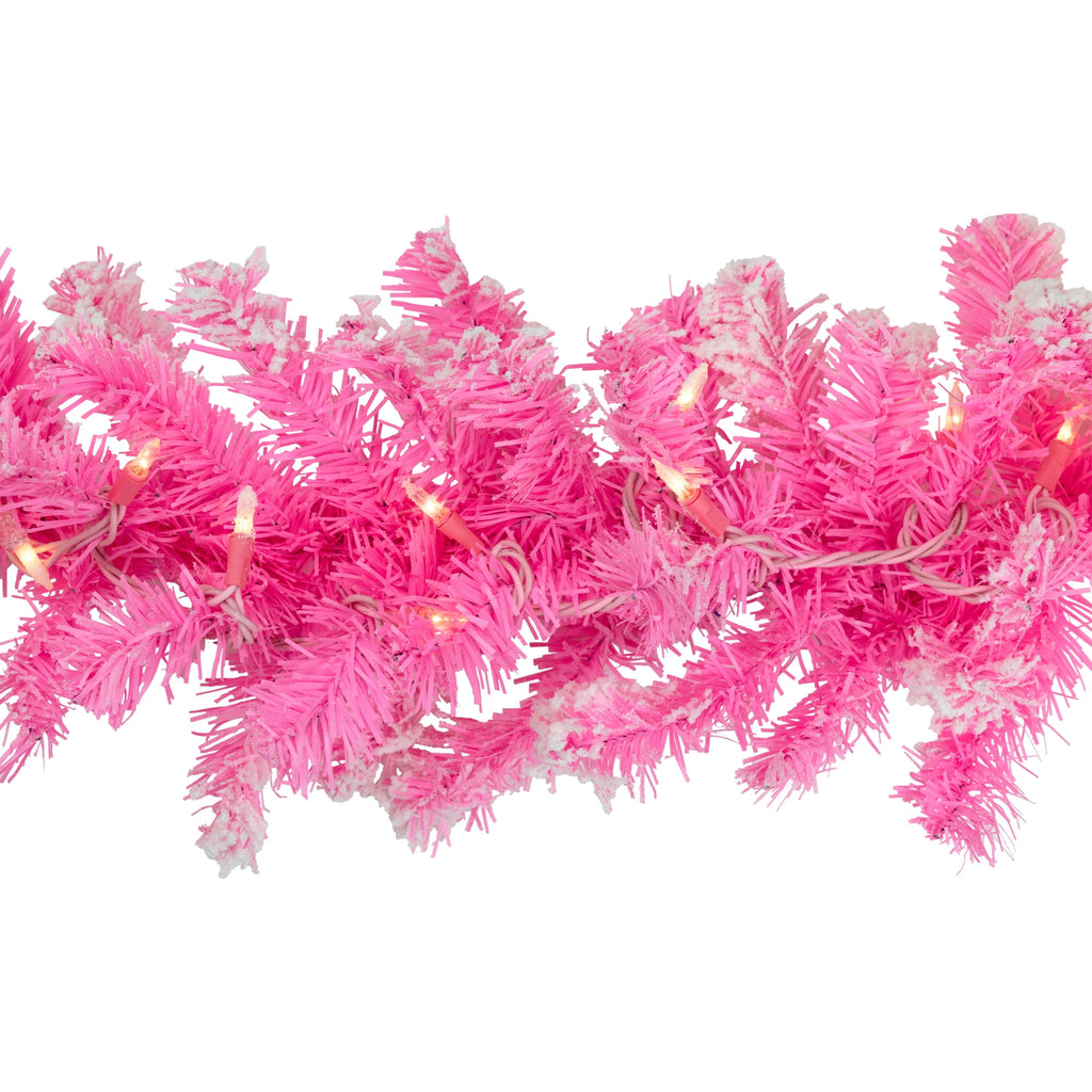 Northlight Pre-Lit Artificial Flocked Pine Christmas Garland - 9' - Pink - Clear Lights
