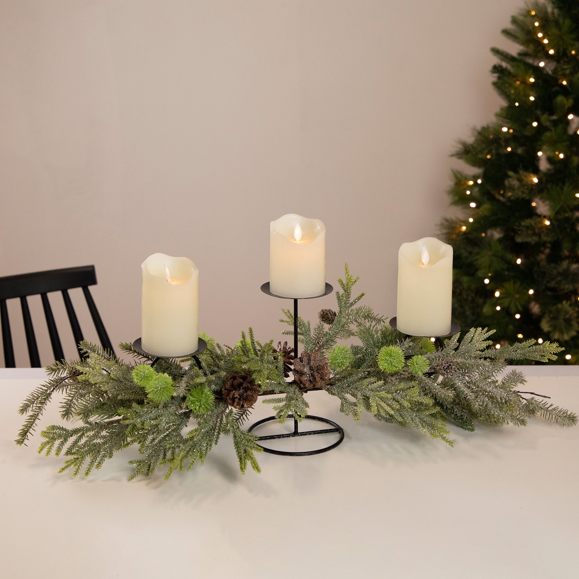 Northlight Triple Candle Holder with Frosted Foliage and Pine Cones Christmas Decoration - 26"