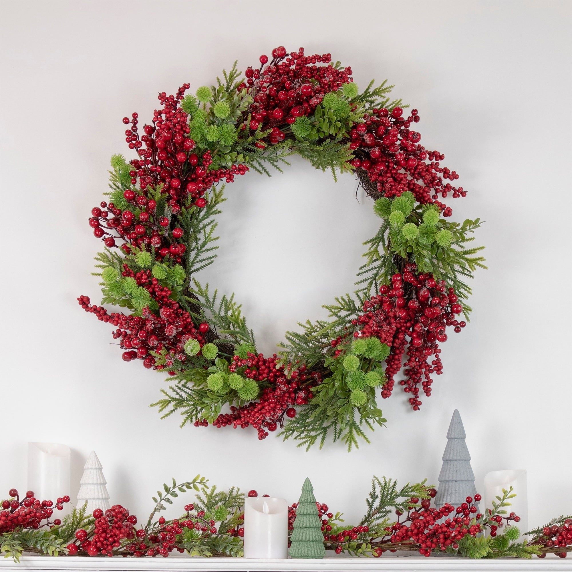 Northlight 5' x 8" Frosted Pine and Red Berry Christmas Garland - Unlit